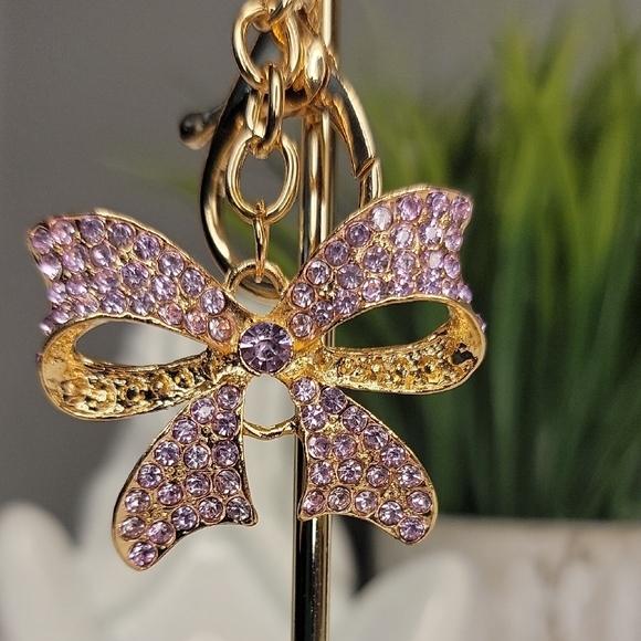 Purple Gold Bow Keychain Bag charm Rhinestone - Picture 1 of 10